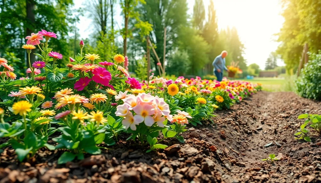 Gardening enthusiast nurturing a beautiful garden filled with vibrant flowers and greenery.