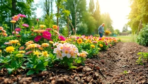 Gardening enthusiast nurturing a beautiful garden filled with vibrant flowers and greenery.