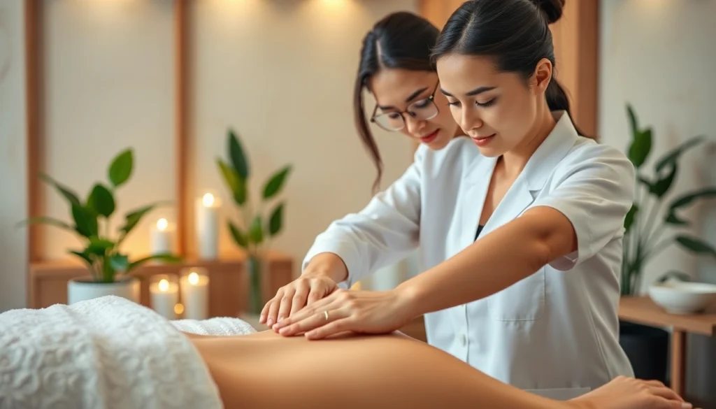 여성전용마사지에 집중하는 마사지 테라피스트가 편안한 스파 환경에서 고객을 마사지하는 모습