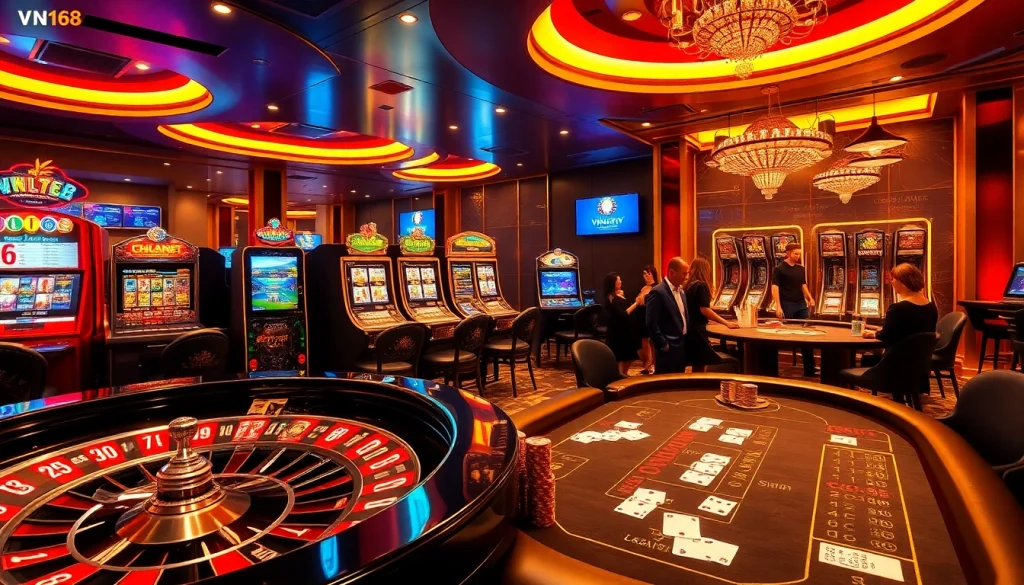 Experience thrilling gameplay at VN168 casino with vibrant slot machines and a spinning roulette wheel.