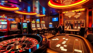 Experience thrilling gameplay at VN168 casino with vibrant slot machines and a spinning roulette wheel.