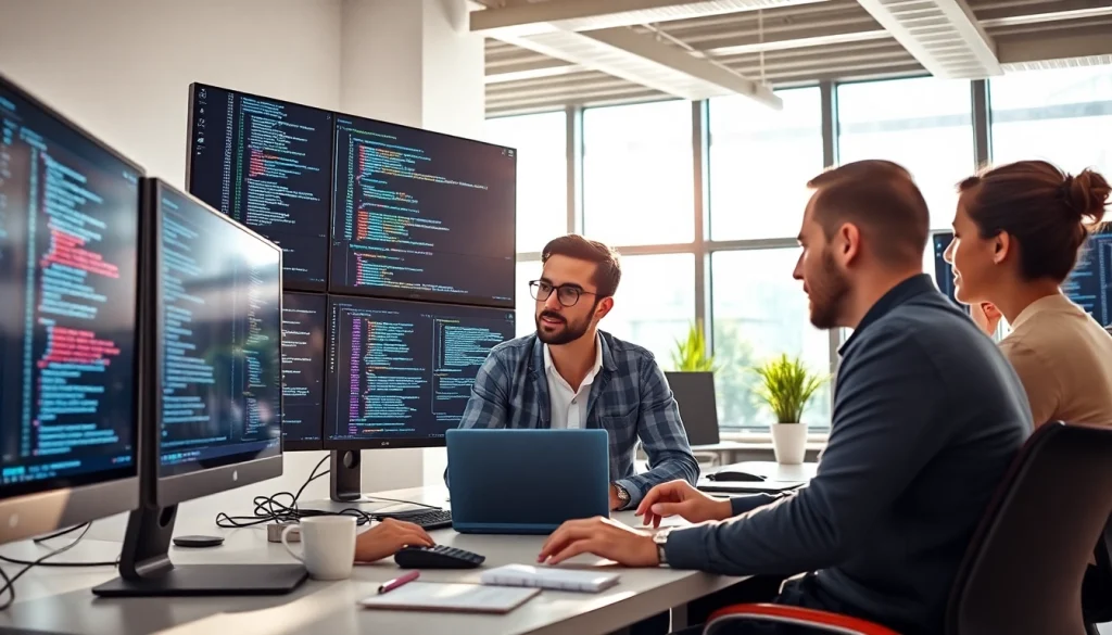 Hire .Net Full-stack developers working in a collaborative office setting with bright lighting.