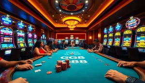 Experience the excitement at GG88, showcasing a vibrant casino table filled with colorful chips and cards.