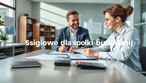 Księgowość dla spółki budowlanej z profesjonalnym księgowym pomagającym klientowi w nowoczesnym biurze.
