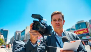 Capture the latest updates at https://newsharbor.com.ua with a focused news reporter in a bustling city.