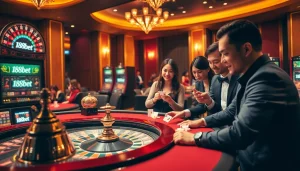 High-stakes action at 188bet casino with engaged players at the roulette and poker tables.