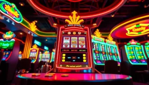Exciting doaslot slot machine setup with vibrant lights and lucky symbols, inviting gaming atmosphere.