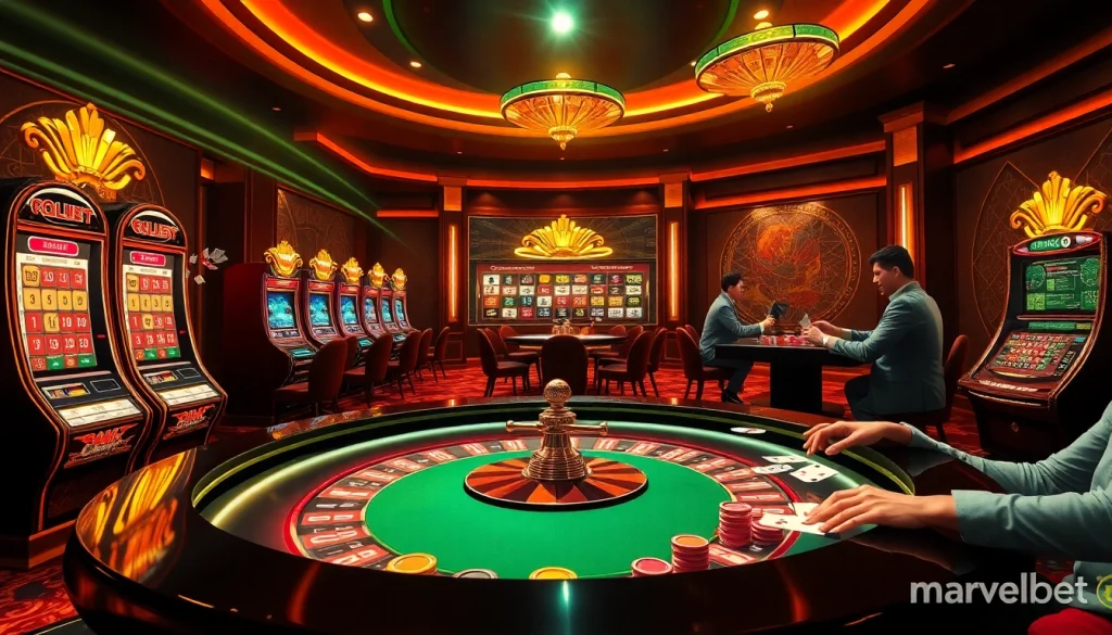 A vibrant casino scene showcasing excitement at https://marvelbet.site/ with roulette tables, slot machines, and poker games.