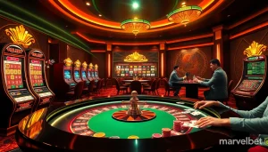 A vibrant casino scene showcasing excitement at https://marvelbet.site/ with roulette tables, slot machines, and poker games.
