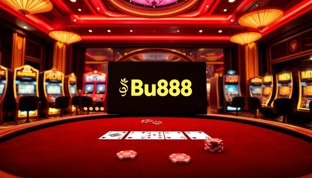 Experience the excitement of Bu88 online casino with vibrant gaming visuals and luxury.