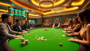 Game enthusiasts strategizing around a modern casino table at sinbet.ink, with vibrant poker chips and cards.