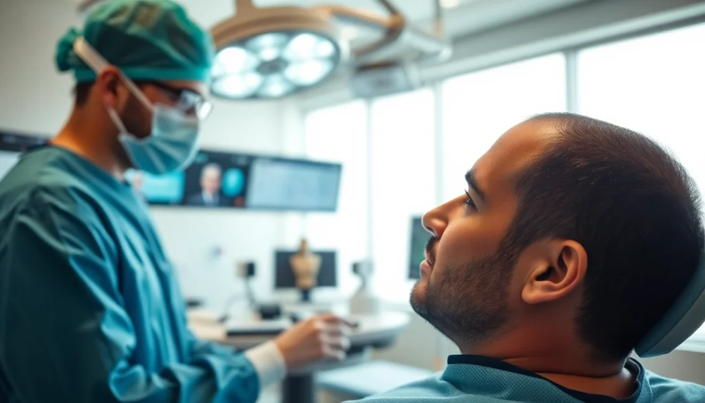 Male patient receiving a hair transplant turkey in a modern clinic environment