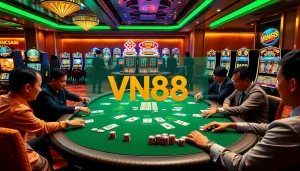 Experience thrilling poker action at VN88's vibrant casino, with colorful slot machines and gaming excitement.