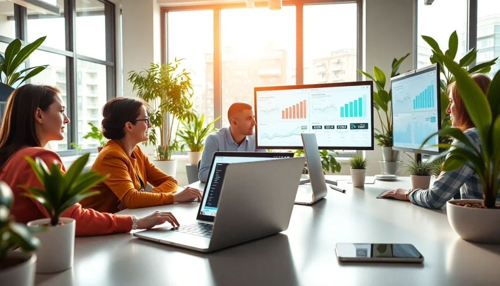 Analyze SEO metrics in a professional workspace with a collaborative atmosphere.