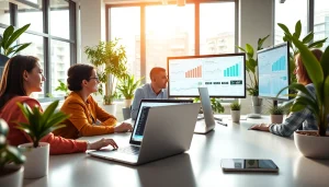 Analyze SEO metrics in a professional workspace with a collaborative atmosphere.