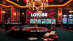 Casino LOTO188 vibrant roulette table scene with poker chips and cards creating excitement.