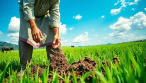 Petani toto sedang menanam padi di ladang hijau yang subur dengan langit biru.