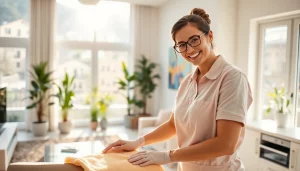 Cleaning service professional dusting a bright, modern living area with sunlight streaming in.