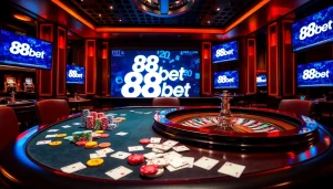 Experience the thrill of gaming with 88bet's vibrant casino atmosphere and intricate poker setup.