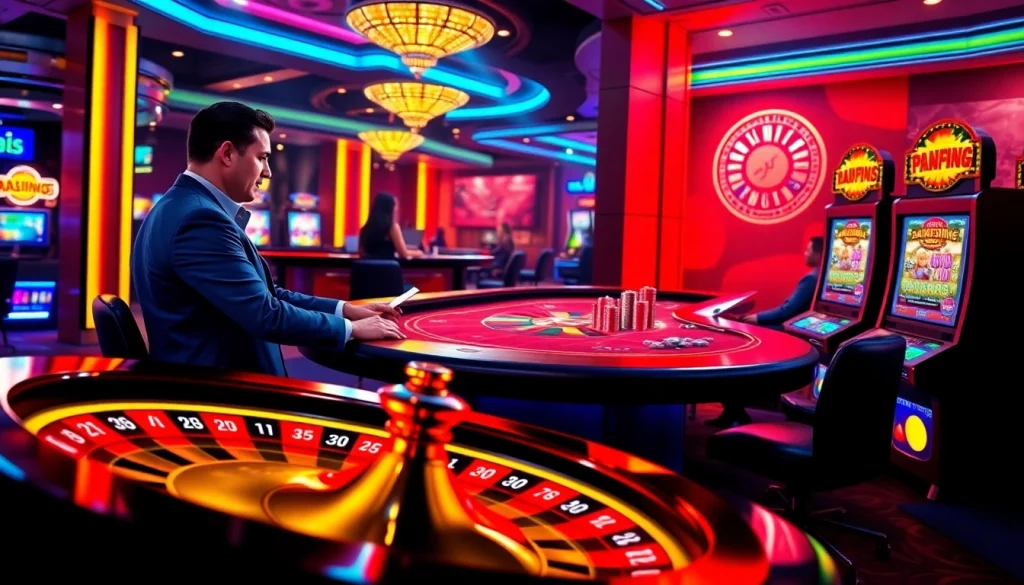 Experience gaming at Phlaro with a virtual casino showcasing professional dealers, poker chips, and exciting slot machines.