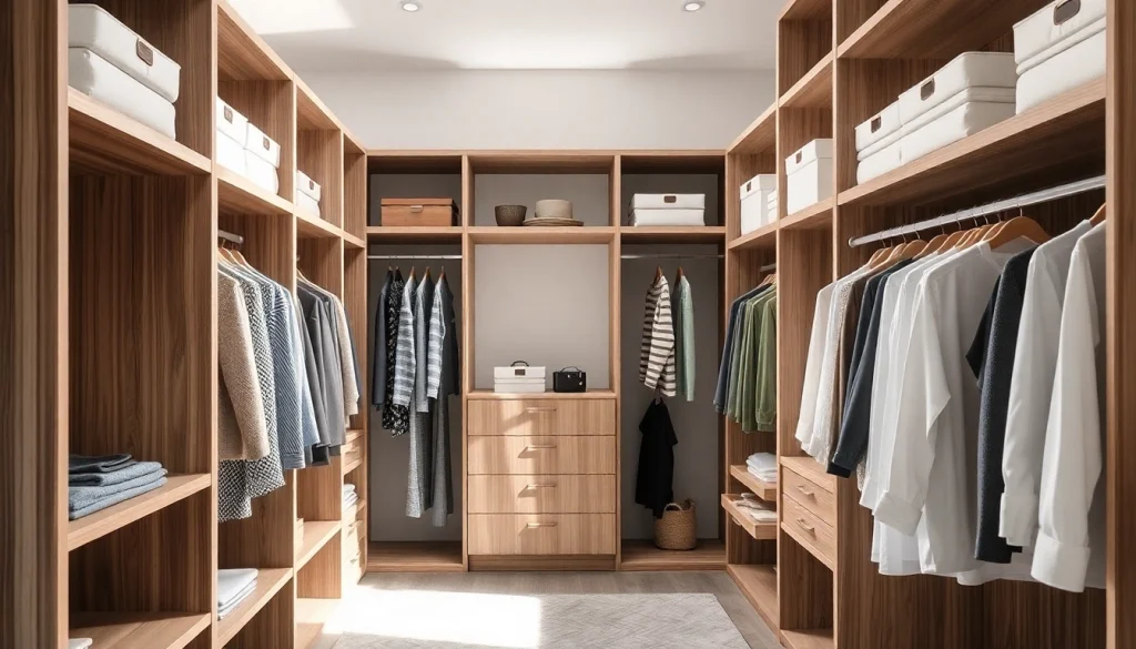 Closets designed for maximum organization, showcasing elegant shelving and neatly arranged attire.