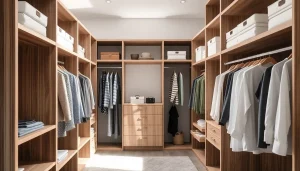 Closets designed for maximum organization, showcasing elegant shelving and neatly arranged attire.