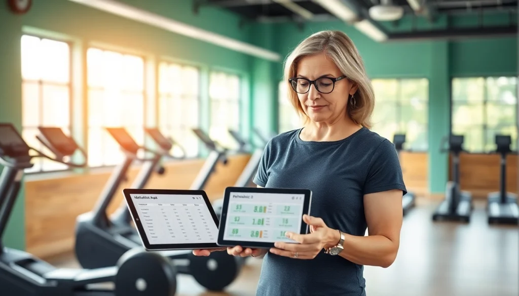 Evaluate your fitness journey with the metabolic age calculator results on a tablet in a bright gym.