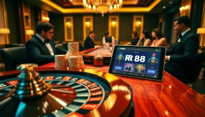 Exciting roulette game at RR88 casino, showcasing luxury and thrilling betting action.