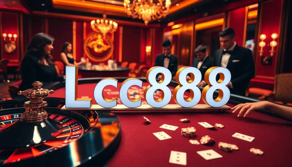 Engaging casino scene showcasing Lc88 with players at a roulette table, enhancing gambling excitement.