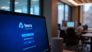 Atera login page displayed on a computer screen in a modern workspace.