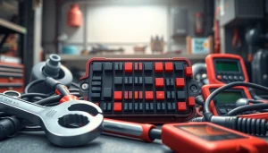 Inspecting the fuse box using tools at https://bezpieczniki24.pl in a well-lit garage setting.