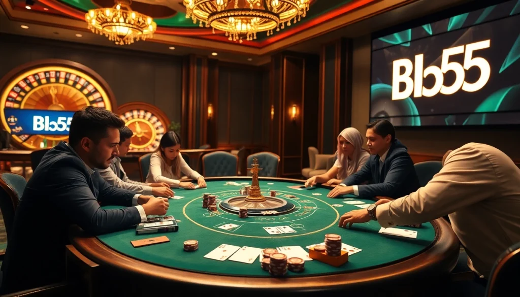 Players engage in an exciting poker game at Bl555 casino, showcasing high-stakes chips and the thrill of chance.