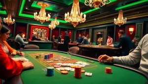 Players enjoying a thrilling poker game at https://xx88.promo/ with colorful chips and an elegant casino backdrop.
