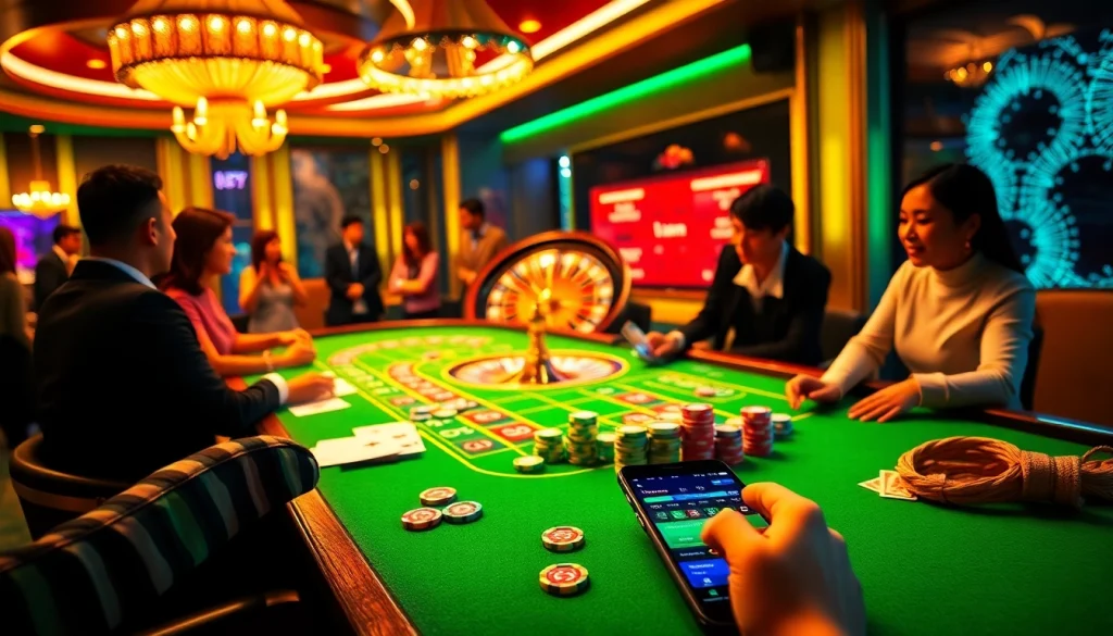 Players enjoying a thrilling game at kkwin casino, featuring vibrant poker chips and cards.