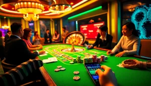 Players enjoying a thrilling game at kkwin casino, featuring vibrant poker chips and cards.