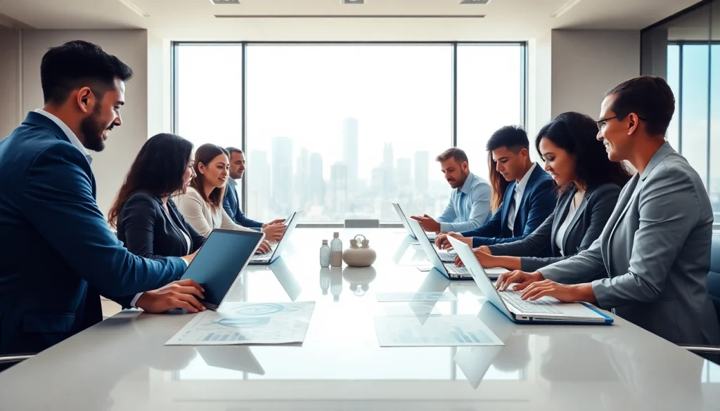 Business professionals collaborating in a modern meeting room with city skyline view.