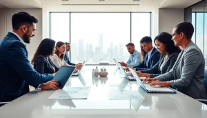 Business professionals collaborating in a modern meeting room with city skyline view.
