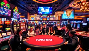 Engaging MM88 poker scene with vibrant tables and excited players in a luxurious casino.