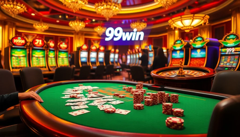 Players enjoying a luxurious casino experience at 99win, with vibrant poker chips and a spinning roulette wheel.