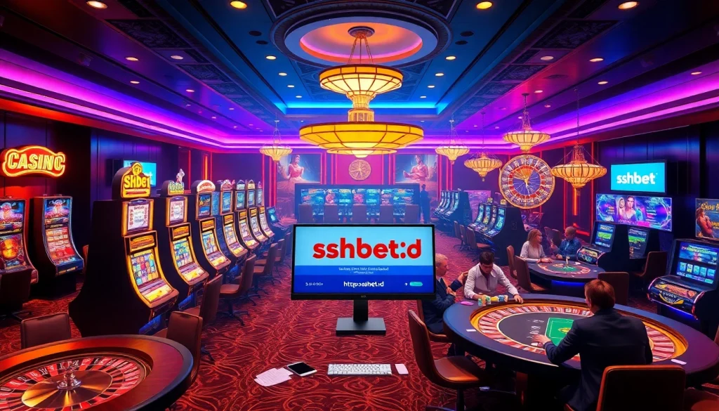 Players enjoying a vibrant gaming experience at https://shbet.id/ with poker chips and roulette wheels.