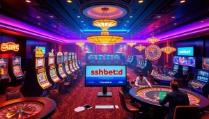 Players enjoying a vibrant gaming experience at https://shbet.id/ with poker chips and roulette wheels.