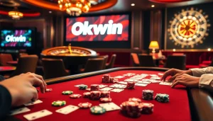 Engaging players in a high-stakes Okwin poker game at a luxurious casino.