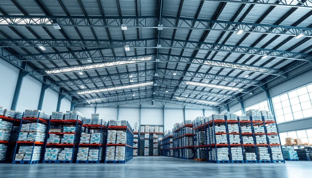 Showcasing warehousing solutions in an organized warehouse environment with efficient storage.