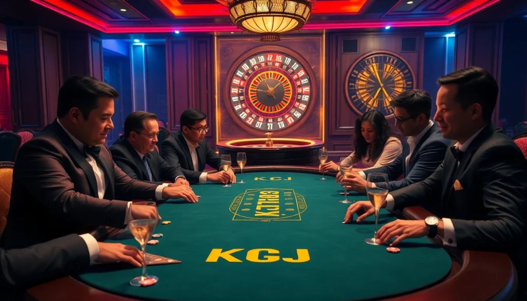 KJC branded casino table with professional players engaged in high-stakes poker.
