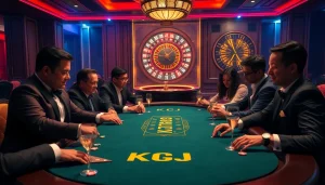 KJC branded casino table with professional players engaged in high-stakes poker.