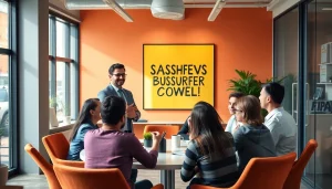 Inspiring scene of a business coach near me guiding clients in a collaborative setting.