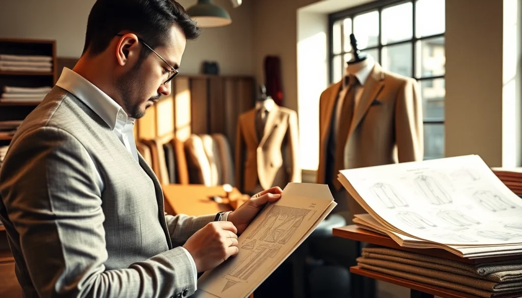 Tailor meticulously designing bespoke custom made suits, showcasing luxurious fabric choices.