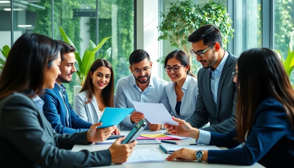 Engaging business professionals collaborating in a modern office setting with digital tools.