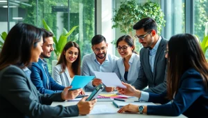 Engaging business professionals collaborating in a modern office setting with digital tools.