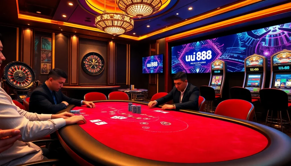 The atmosphere of uu 88 gambling, featuring intense poker gameplay and luxurious casino elements.